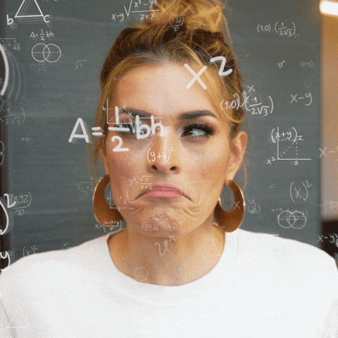 Math Numbers GIF by Jasmine Star | GreenCup Digital | Website Services, SEO, Social Media A woman with a puzzled expression, overlaid with math formulas and equations on a glassy surface.